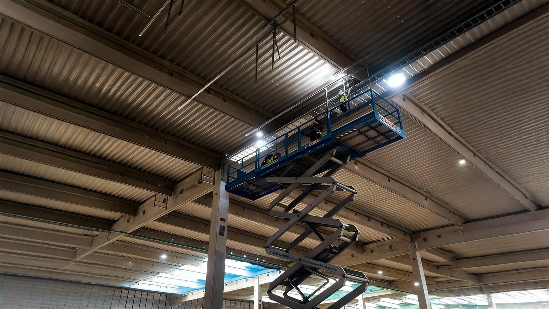 Montage von Kabeltrassen mit einer Hebebühne in einer Industriehalle – D&A Montageservice